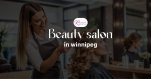 Interior of a modern hair salon in Winnipeg with a stylist working on a client’s haircut, showcasing a relaxing and stylish atmosphere.